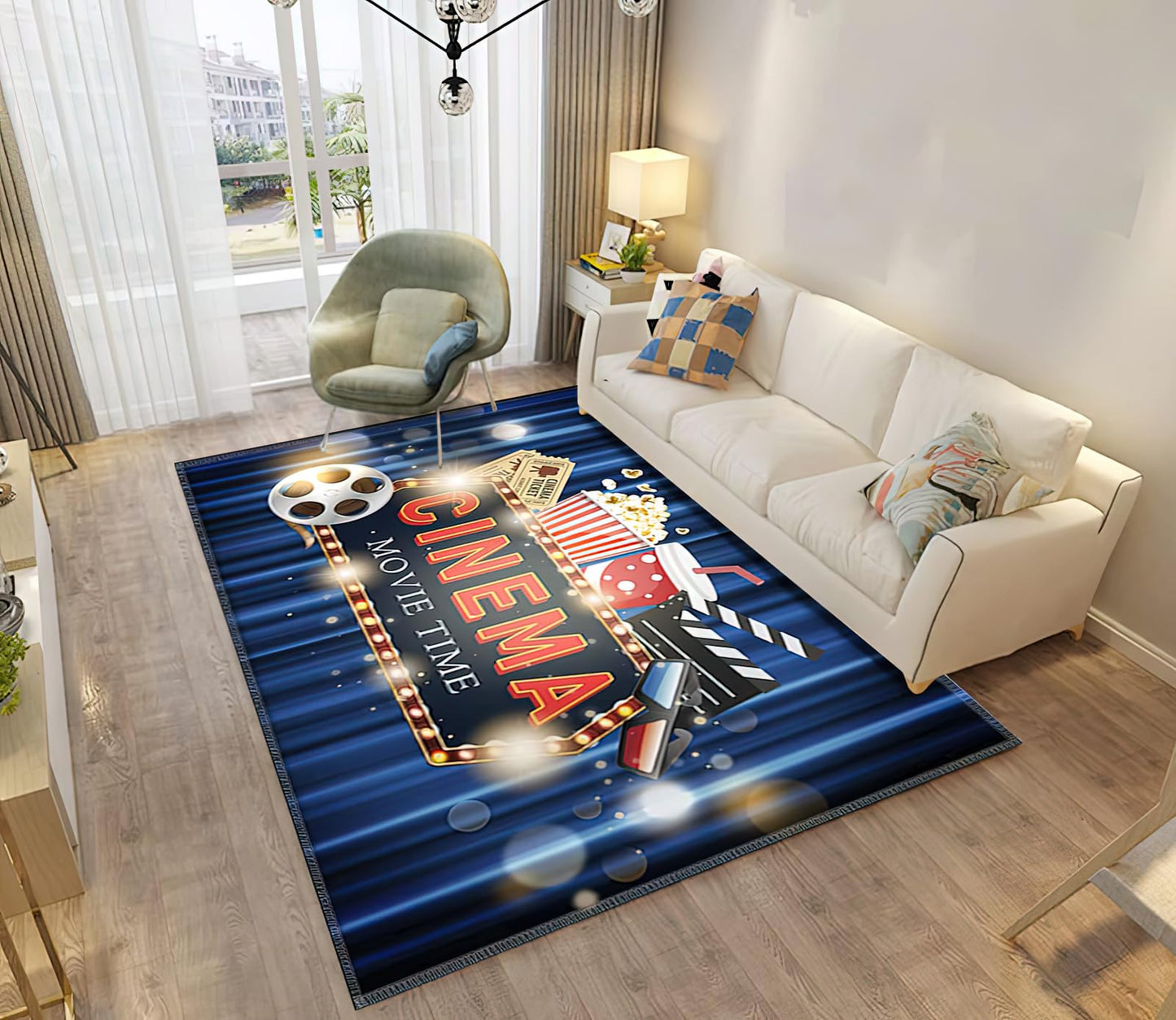 Blue Home Theater Cinema Area Rug, Movie Starts Non Slip Easy Care Throw Large Area Rugs, Breathable Durable Carpet for Indoor Bedroom Living Room Office Decor Rug - 5 ft x 7 ft