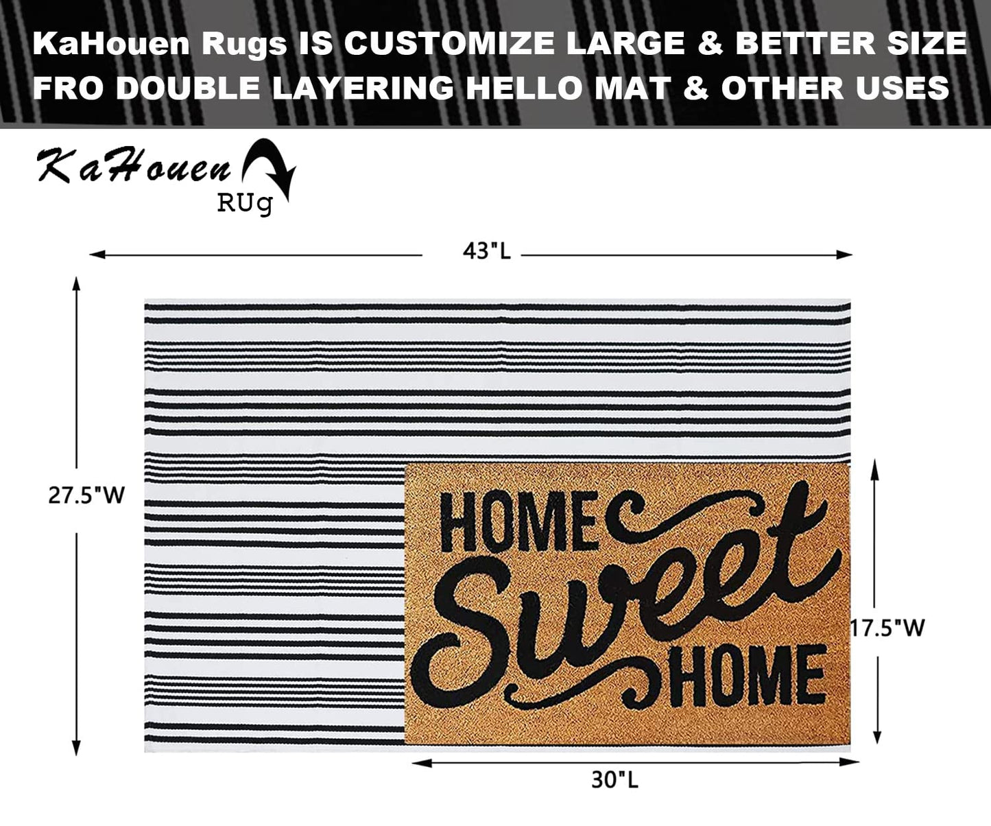 KaHouen Black and White Striped Outdoor Rug 27.5"x43", Front Porch Rug, Hand Woven Cotton Washable Striped Layered Doormats for Layered Door Mats Porch/Kitchen/Laundry Room/Farmhouse/Entryway