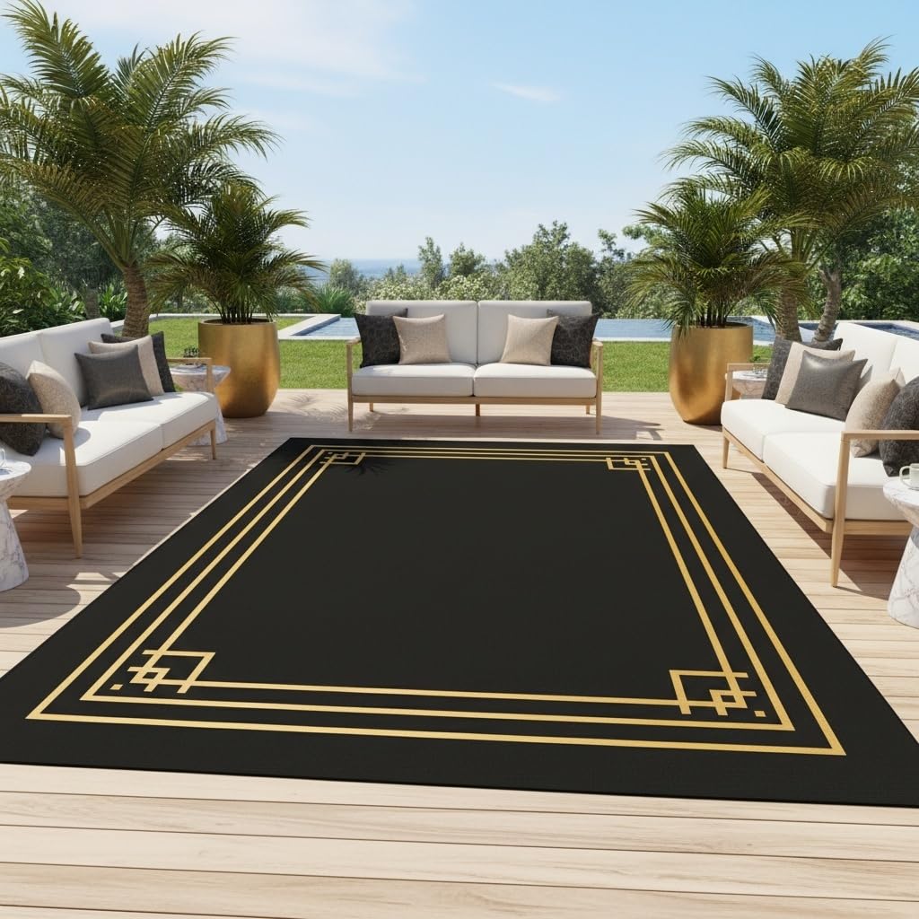 Minimalist Black Gold Lines Border Geometric Print Rug Contemporary Aesthetic Art Deco Area Rug for Living Room Diningroom Guestroom Large Washable Soft Faux Wool Carpet Lux Indoor Floor Mat 3x5