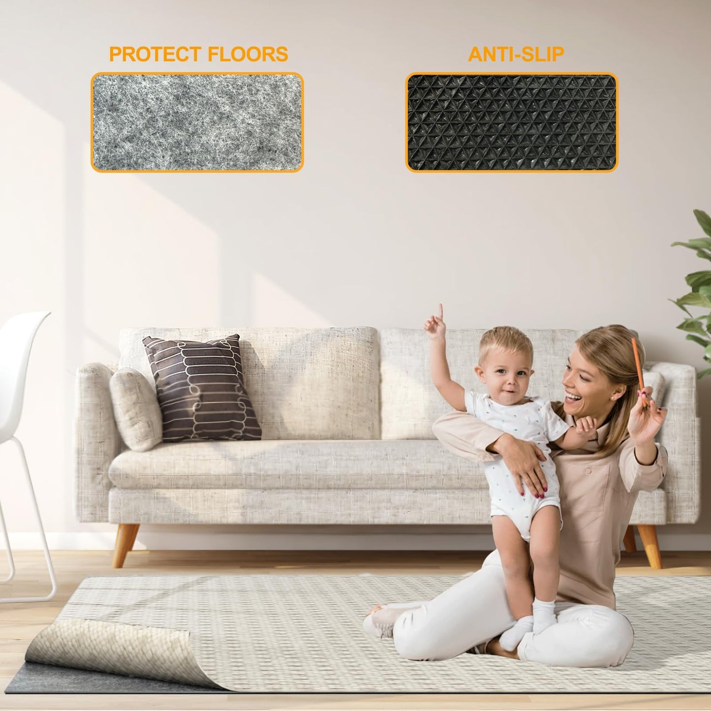 Non Slip Felt Rubber Rug Pad, Thick Felt Rug Pads for Hardwood Floors, Under Area Rugs Protective Cushion Pads for Carpet, Felt and Rubber Underpad for Home Place Surface Safe (Grey, 2' x 6')