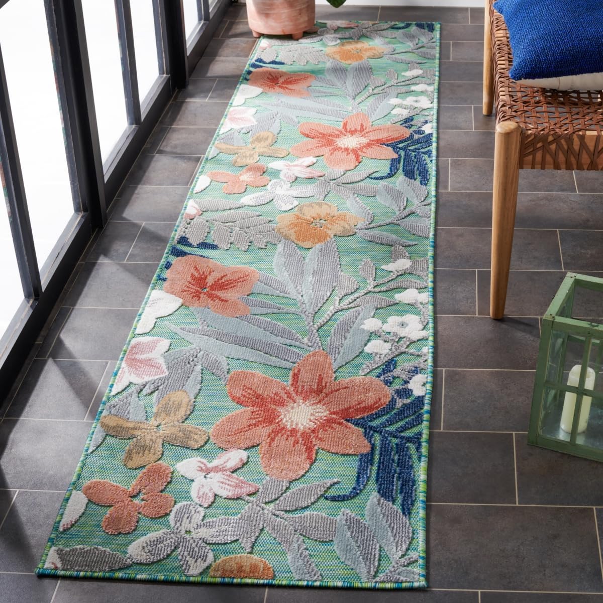 SAFAVIEH Washable Rug Outdoor Cabana Collection - 2' x 6'7", Green & Rust, Non-Shedding & Easy to Clean, Ideal for Patio, Backyard, Mudroom (CBN454Y)