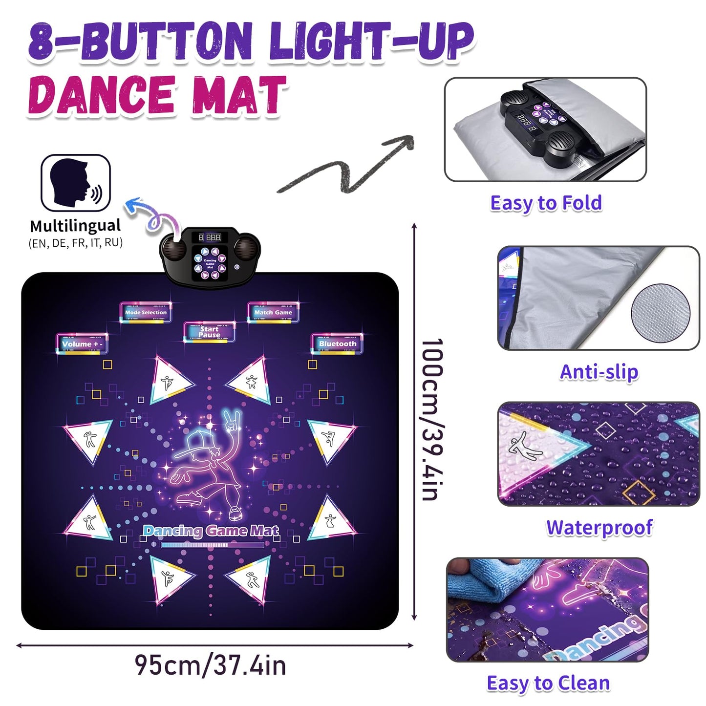 YESHIN Light-Up Dance Mat for Kids, Upgraded Extra Large Dance Pad with Bluetooth & 6 Game Modes, Rechargeable Musical Dancing Mat, Non-Slip Waterproof Toy with 8 Buttons for Boys & Girls Ages 3-12