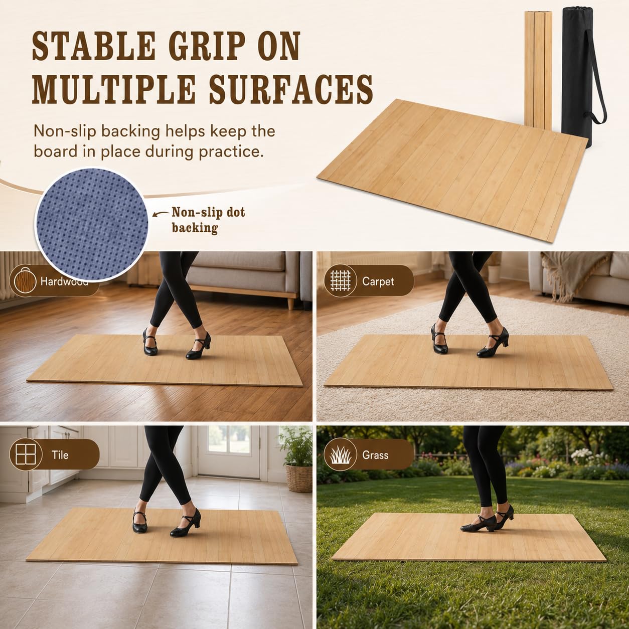 Foldable Tap Dance Floor - Premium Bamboo Portable Tap Board with Non-Slip Backing & Heavy Duty Carrying Bag, Large Dancing Mat for Home Studio, Street, Outdoor Practice (wood tone)
