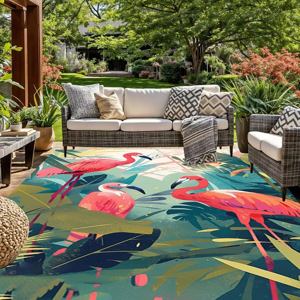 Vibrant Visual Pink Green Flamingo Jungle Pattern Outdoor Rugs 2x6 for Porch Patio Deck Balcony Washable No Slip Durable Large Carpet in Backyard Garden Foyer Rustic Natural 3D Aesthetic Area Rug