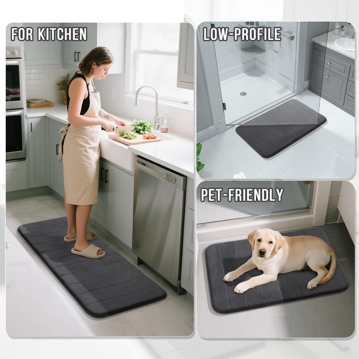 Yimobra 3 Pieces Memory Foam Bath Mat Set with U-Shaped Toilet Rug - Non Slip Super Soft Absorbent Quick Dry Bathroom Rugs for Bathtub, Vanity & Toilet Base, Dark Gray