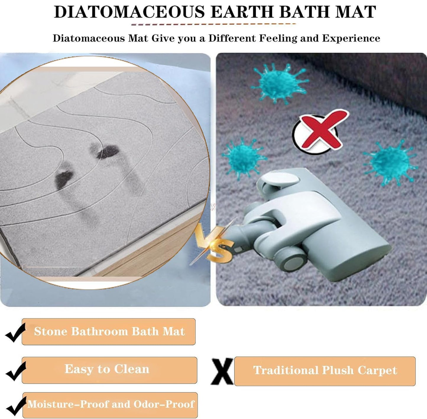 MORANDI Diatomaceous Earth Shower Mat - Super Absorbent, Quick Drying, Non-Slip Natural Hard Stone Bath Mat for Bathroom, Easy to Clean (Light Gray)