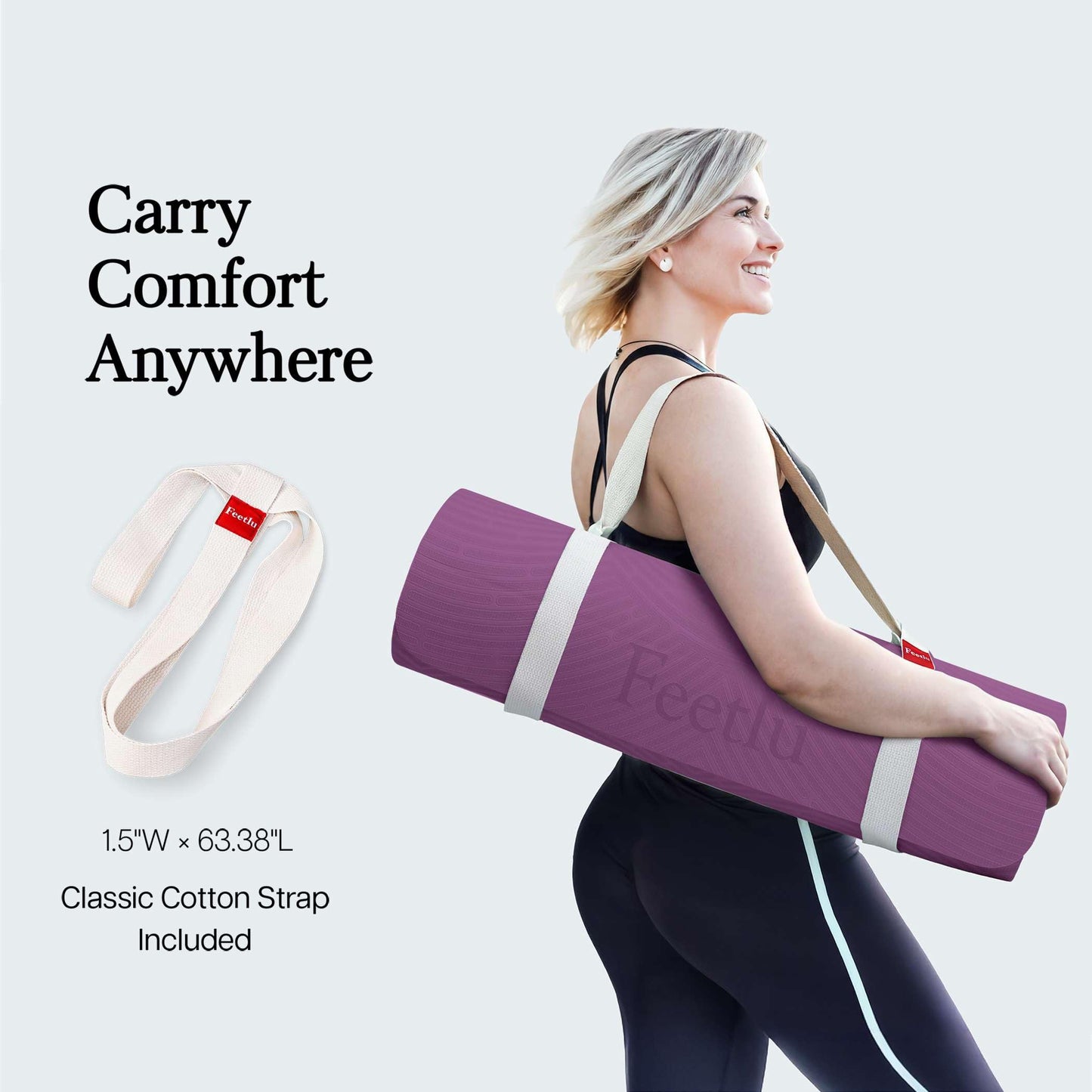 Feetlu Extra Thick 12mm Exercise Mat – 74"L x 26"W Inch, Non-Slip, Joint-Friendly & Cushioned Fitness Mat for Yoga, Pilates & Floor Workouts – Durable, Supportive & Includes Feetlu Classic Strap (Purple)