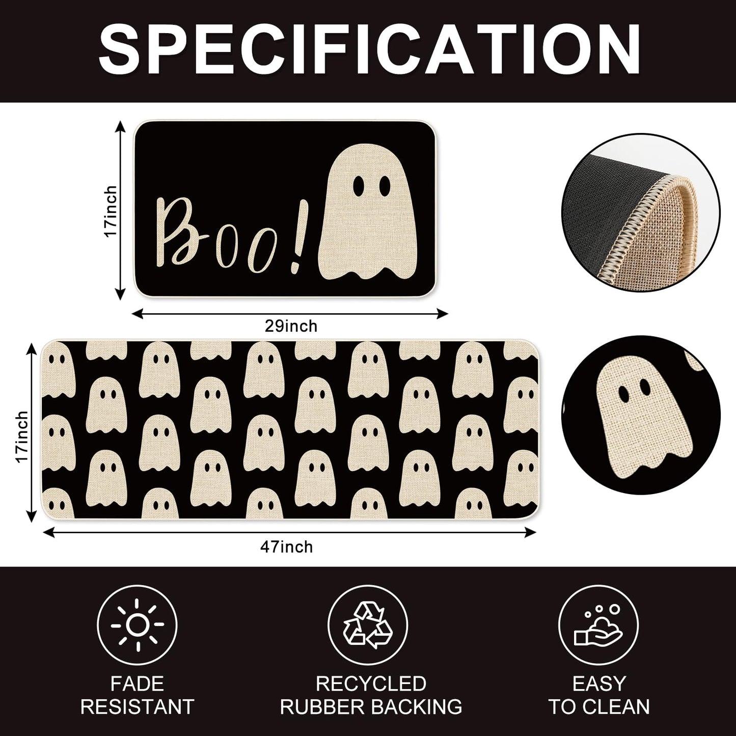 FYSUIMU Halloween Ghost Kitchen Rugs Set of 2 Black Ghost Boo Kitchen Floor Mat Non-Slip Spooky Bathroom Rugs Cute Halloween Kitchen Decor for Party Home, 17 x 29 Inch & 17 x 47 Inch
