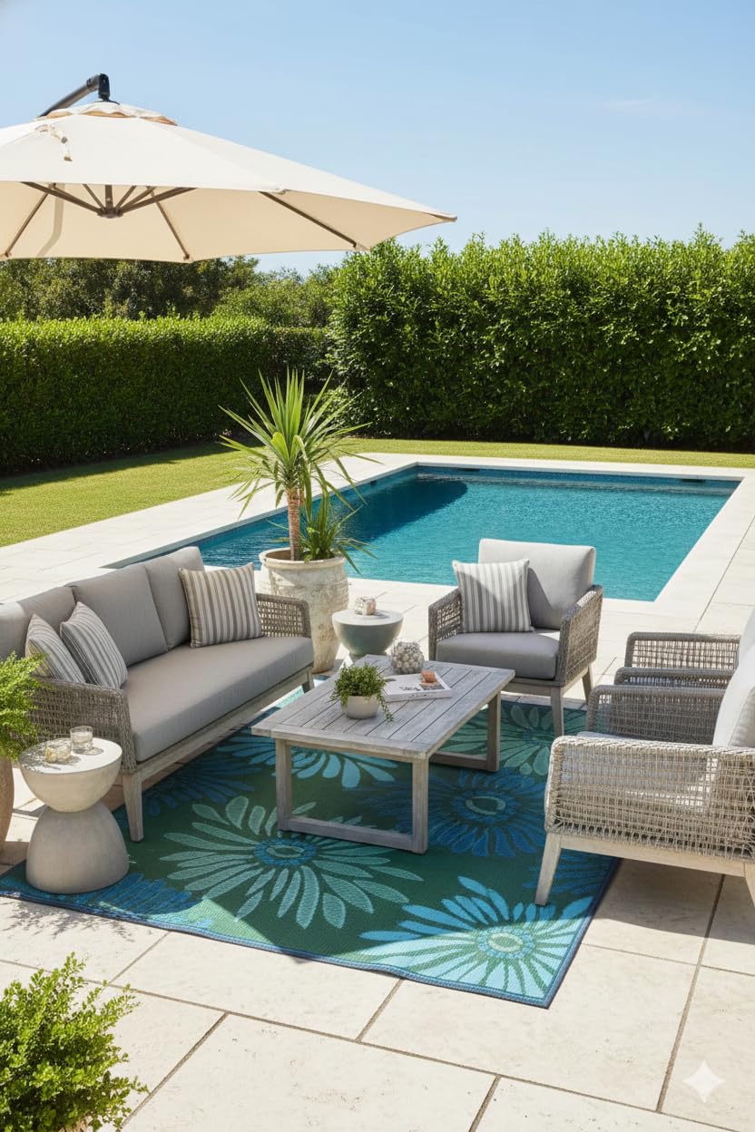 Mad Mats Outdoor Rug, Reversible Plastic Mat for Patio, Porch, Deck, Kitchen & Bath, Daisy, 6' x 9', Aqua/Green