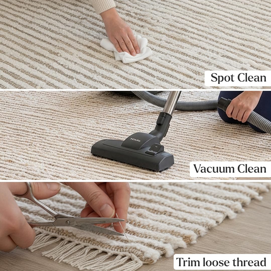 HOMEMONDE Jute Cotton Area Rug 8x10 ft Large Rectangle Hand Woven Natural Farmhouse Rugs for Living Room, Bedroom, Kitchen, High Traffic Area - Rustic Vintage Bohemian (Natural Offwhite)