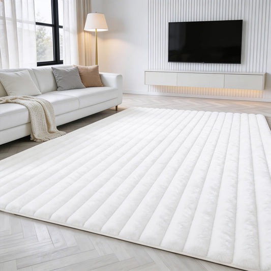 White Rabbit Striped Plush Rug 5'x7', Fluffy Faux Fur Shaggy Area Rug for Nursery, Kids Room Decor, Soft Fuzzy Carpet for Living Room, Bedroom, Teen Girls Room
