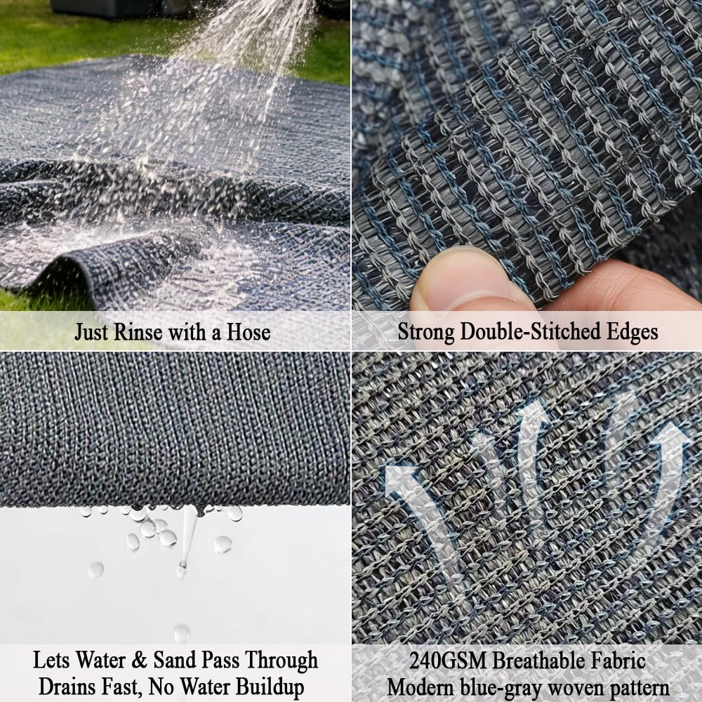 JUNKOGO RV Outdoor Mat 10x20 FT, Reversible RV Patio Rug, Blue-Gray, 240GSM Breathable Camping Mat for Camper, Motorhome, Trailer, Picnic, Beach, Backyard