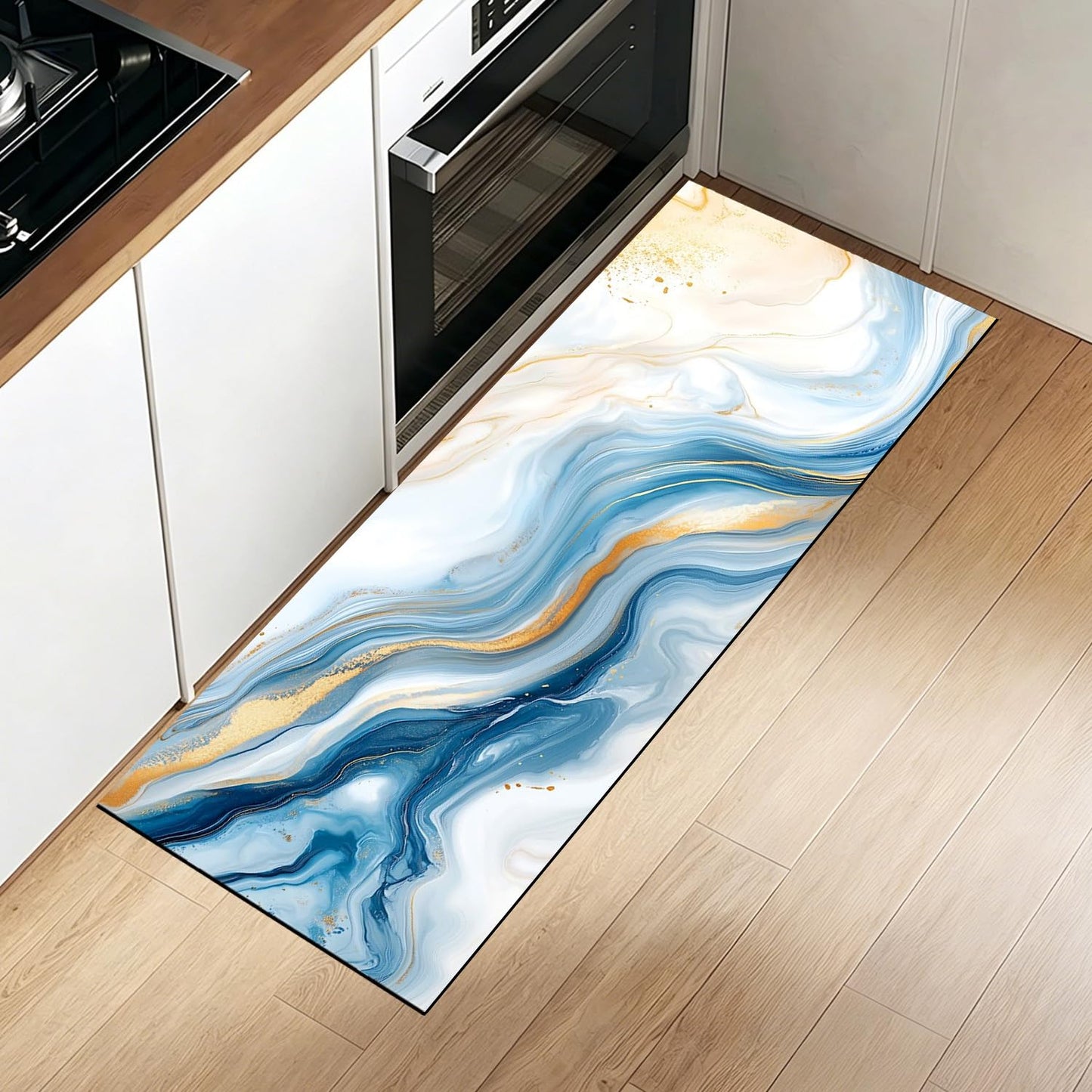 Needa One Kitchen Mat 19.7 x 47.2 Inch Non Slip Kitchen Runner Rug Blue Gold Marble Long Floor Mat for Sink Laundry Hallway Decor