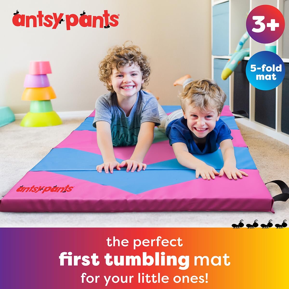 Antsy Pants Tumbling Mat for Kids – 5-Fold Gymnastics Mat, Easy to Clean, Sturdy, Foldable Tumbling Mat, Padded, Lightweight, Portable, Gymnastics Equipment for Active Play, Pink/Neon Blue