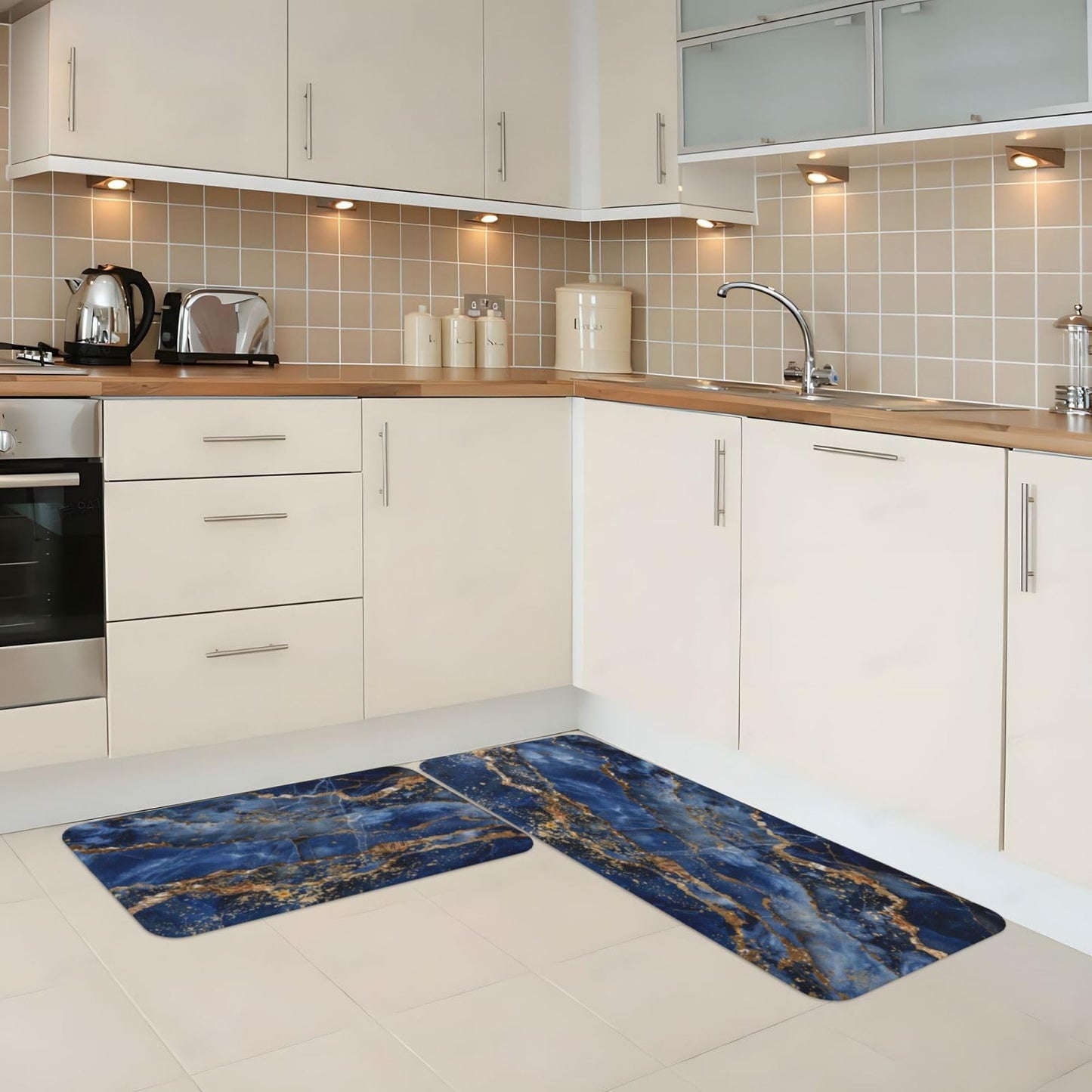 Sovvin Blue Gold Marble Kitchen Rugs Microfiber Floor Mats Cushioned Carpet Runner Rug for Laundry Bathroom Living Room, 2 Piece Set 17"X 47" + 17"X 30"