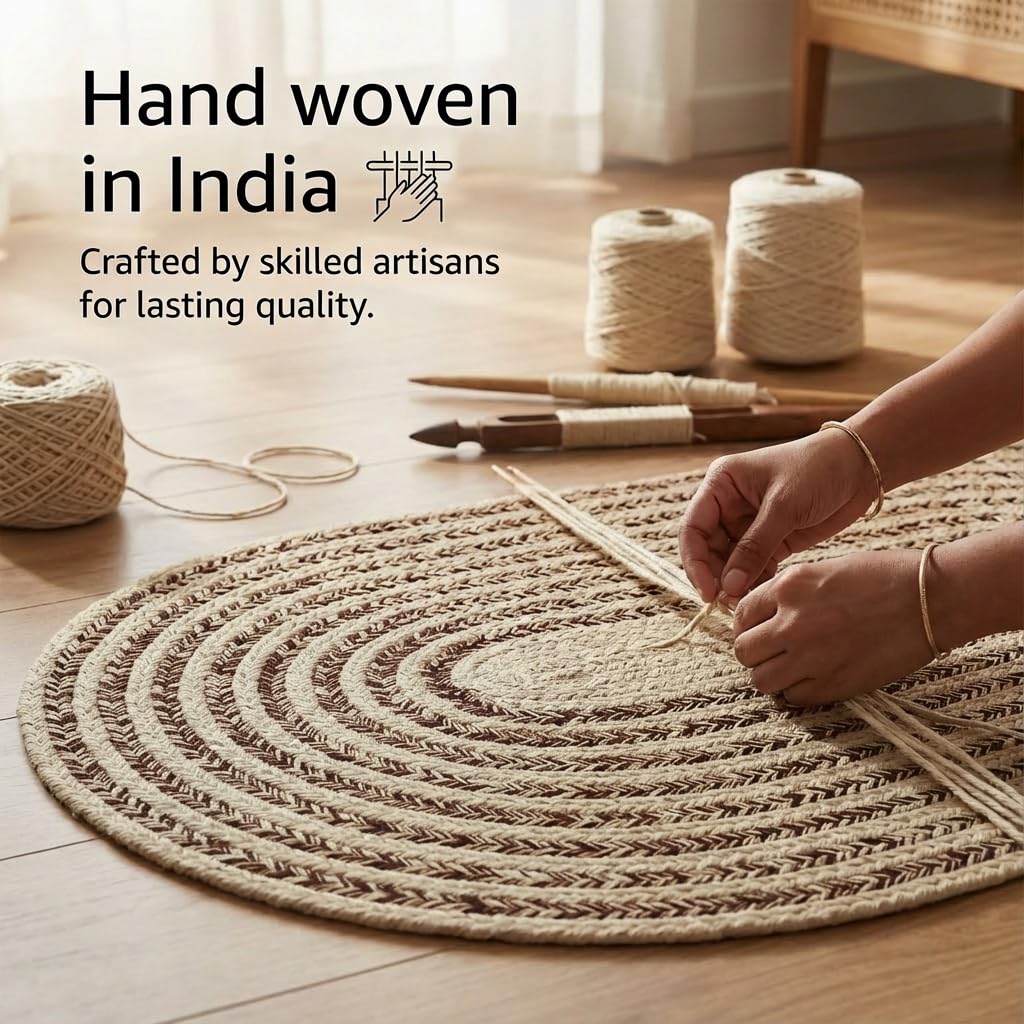 Cotton Braided Rug - 4' x 6' Beige and Brown Oval Woven Farmhouse Rug for Bedroom - Braided Minimalist Rugs for Living Room - Rustic Primitive Rugs for Breakfast Nook