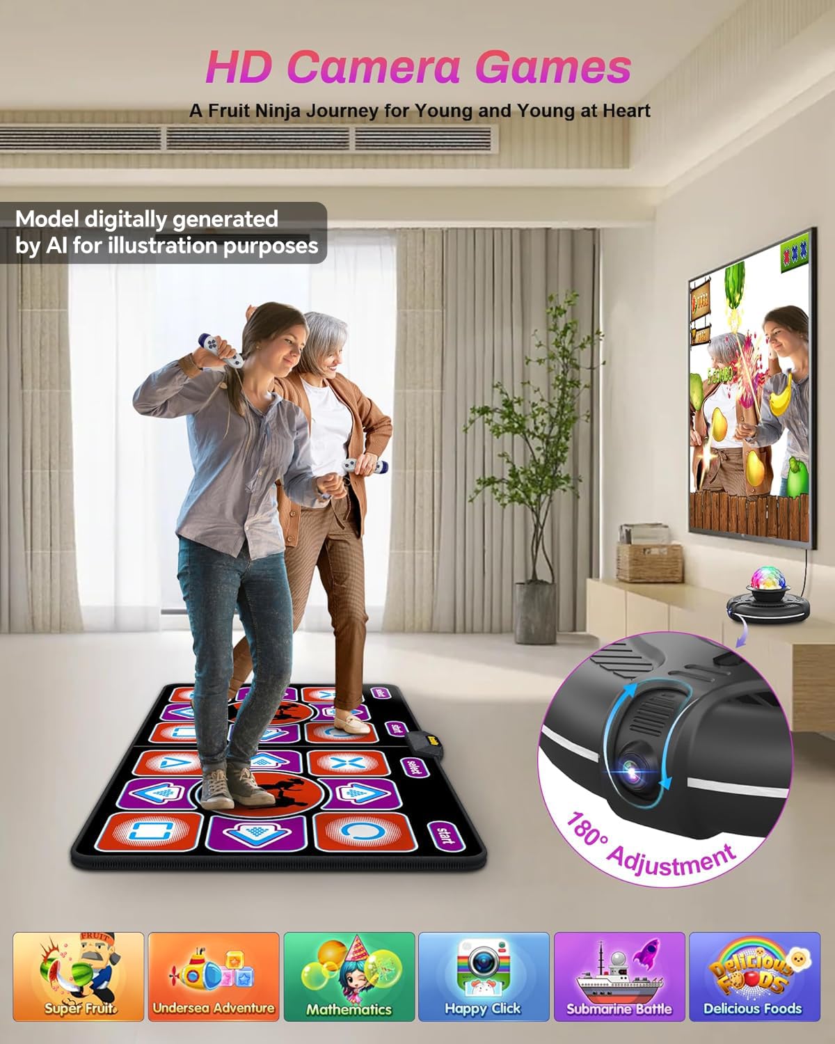 Acelufly Double Dance Mat, Flannel Dance Mat for TV with HD Camera, Dual User Play Mat with Wireless Controller, Non-Slip Dance Pad for Kids Adults Girls Boys
