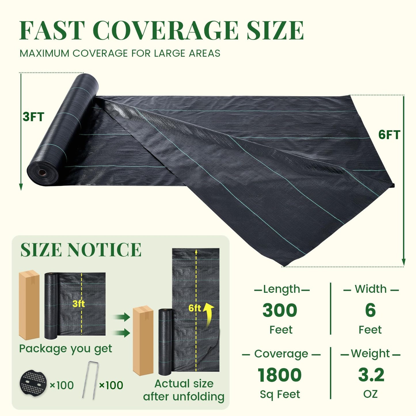 KING BIRD 6FTx300FT Weed Barrier Landscape Fabric w/Stakes & Gasket, 3.2oz Heavy Duty Woven Ground Cover Geotextile Fabric for Flower Garden Bed, Driveway, Pathway, Gravel & Yard Weed Control Mat