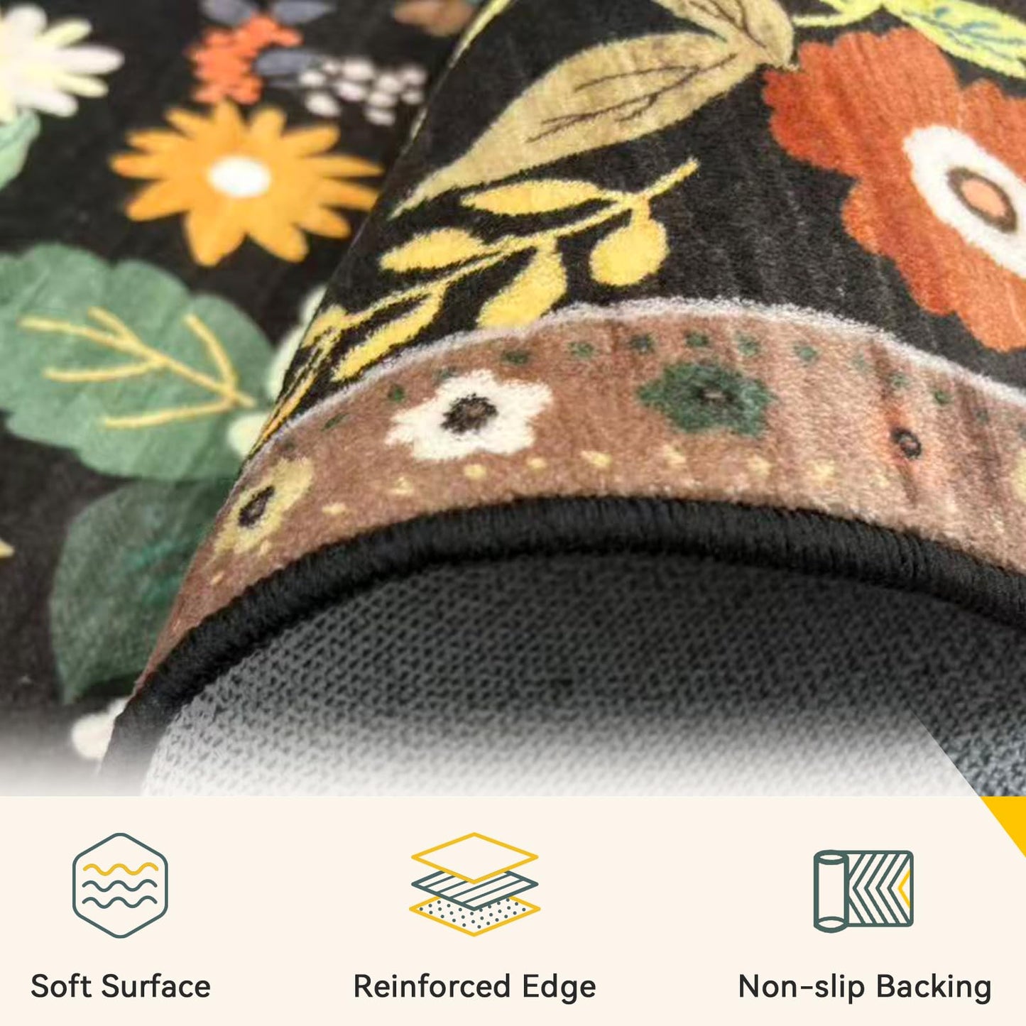RELEANY Floral 6x9 Area Rugs Washable Print Boho Cute Carpet Non Slip Flower Low Pile for Living Room Bedroom Kitchen Office Farmhouse-Black/Yellow/Red