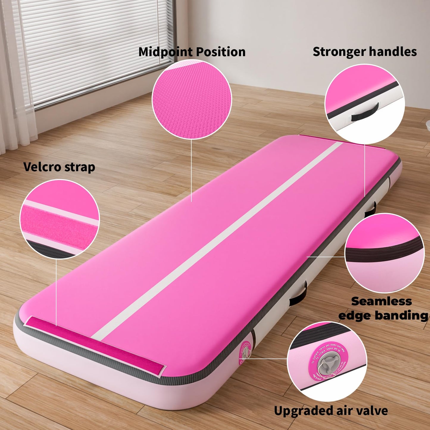 Inflatable Gymnastics Mat Tumble Track (8 Inches Thick) - 10ft Air Floor Training Mats for Home Use, Cheerleading, Water Fun & Camping - Includes 500W Electric Pump & Carbon Pattern Design, Pink