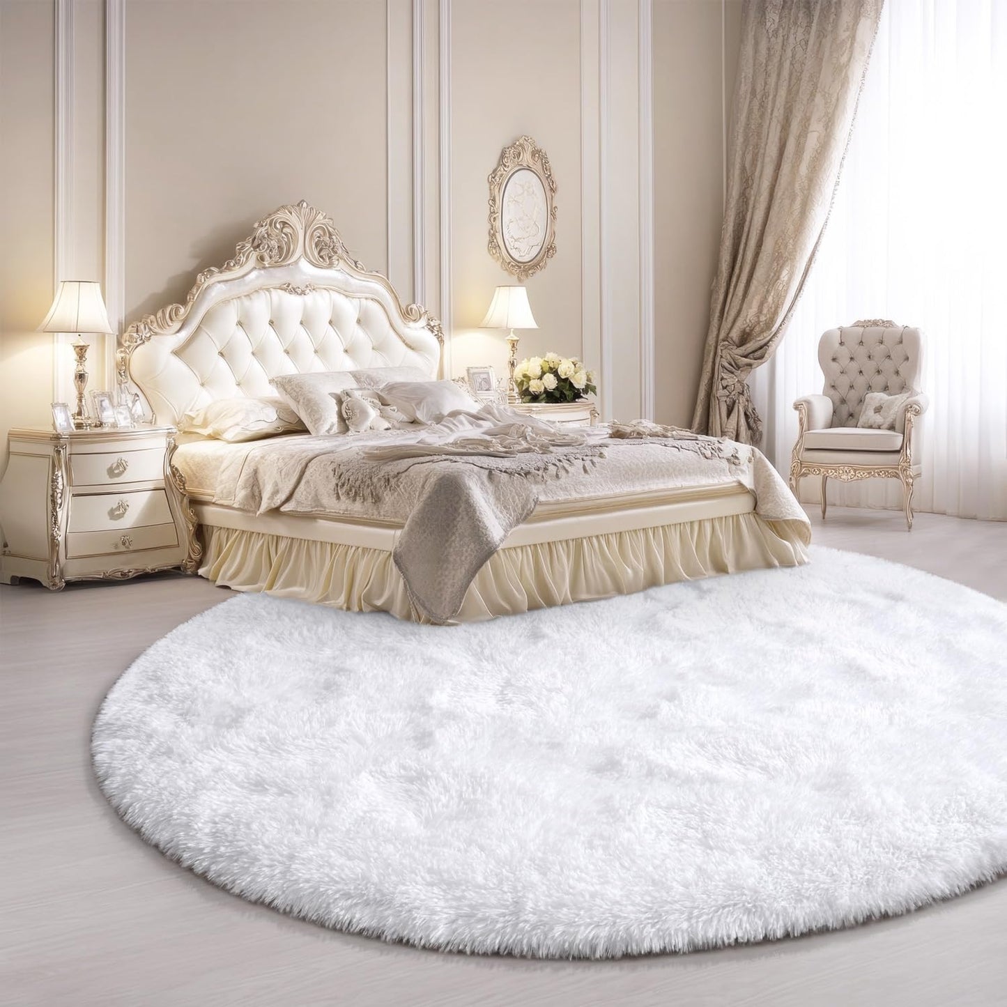 KIXINWA Round Rug for Bedroom, 5x5 Fluffy Soft Circle Area Rugs for Living Room, Washable Plush Shaggy Indoor Floor Bedside Kids Girls Nursery Room Circular Carpet, Home Decor Aesthetic, White