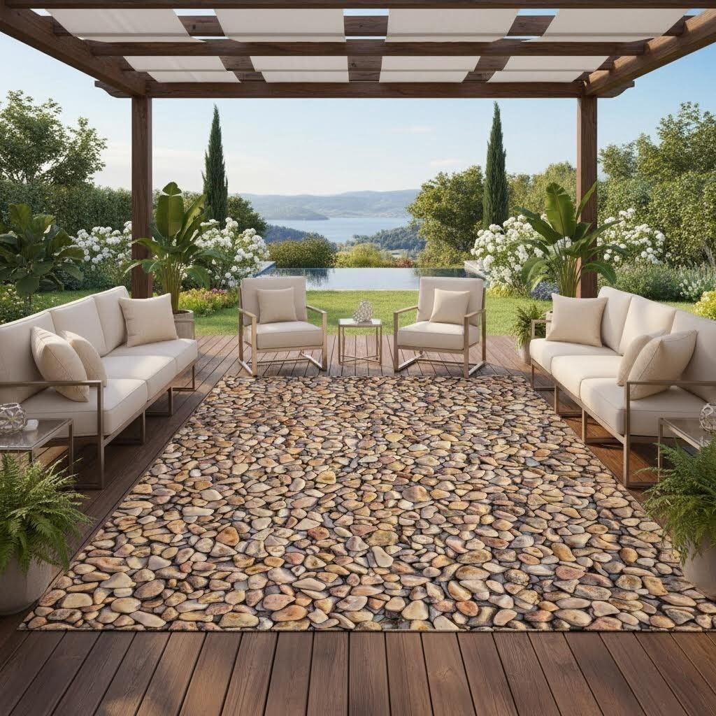 Coastal Beach Pebble Pattern Outdoor Rug 2x6 Washable Reversible Waterproof Thin Easy Clean Durable Beige Brown Outside Carpet for RV Camping Poolside Deck Balcony Garden Low Pile Floor Mat