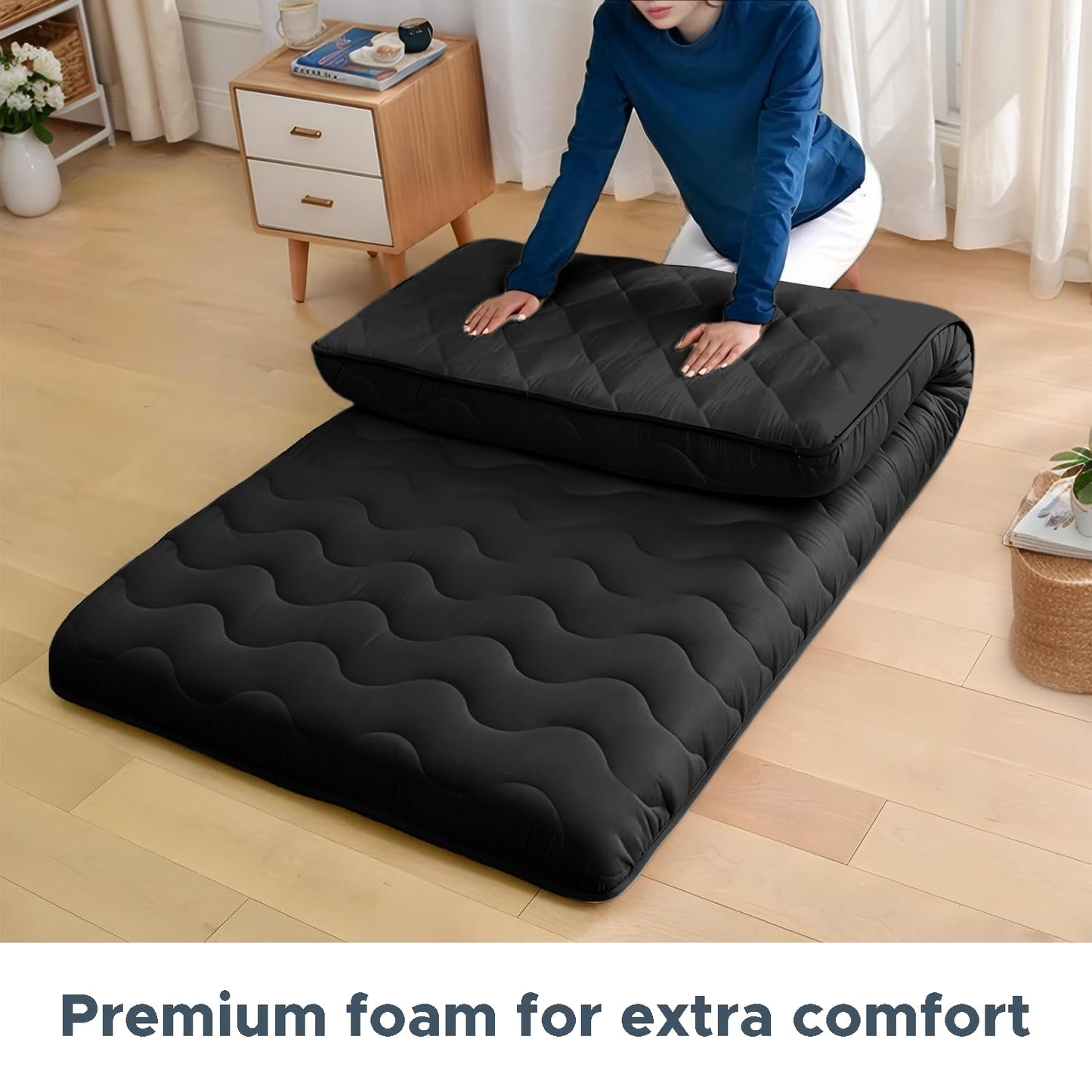 Japanese Floor Mattress, 100% High Density Comfortable Foam, 4" Thicken Foldable Mattress Tatami Mat Sleeping Pad, Ideal for Comfort and Support, Kids Floor Lounger Camping Bed Sofa, Black, Queen