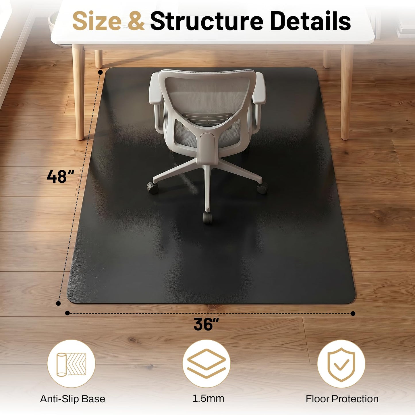 Black Office Chair Mat for Hardwood Floors 36" x 48", Heavy Duty Floor Protector for Rolling Desk Chairs, Durable Plastic Chair Mat for Home Office, Gaming Room, Tile, Laminate & Vinyl Flooring