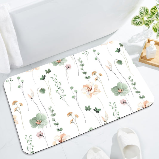 Gibelle Floral Bath Mat Rug (17"x24", Sage Green) 3 in 1 Shower Curtain Set, Sage Green Watercolor Floral Bath Curtain and PEVA Liner Set with 12 Double Sided Steel Hooks,72x72