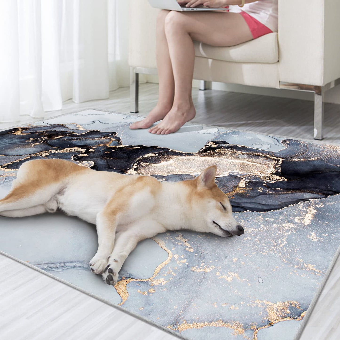Modern Abstract Collection Area Rug - 3' x 5' Washable Entryway Rug Non-Slip Luxury Marble Texture Area Rug for Bedroom Dining Room Home Office Decor Under Kitchen (Blue/Gold)