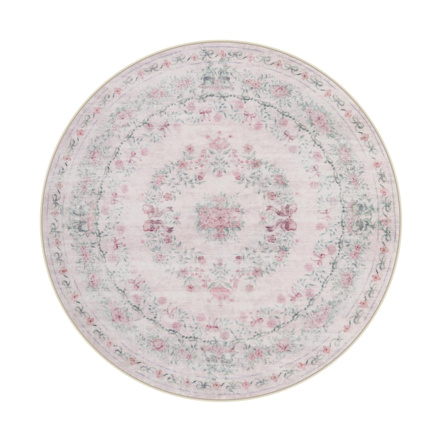 Wonnitar Bow Print Washable 4ft Round Rug, Pink Circle Rug for Girl Nursery Decor, Non Slip Ultra-Thin Soft Boho Floral Small Cute Circular Carpet for Kids Bedroom Baby Room, Light Pink
