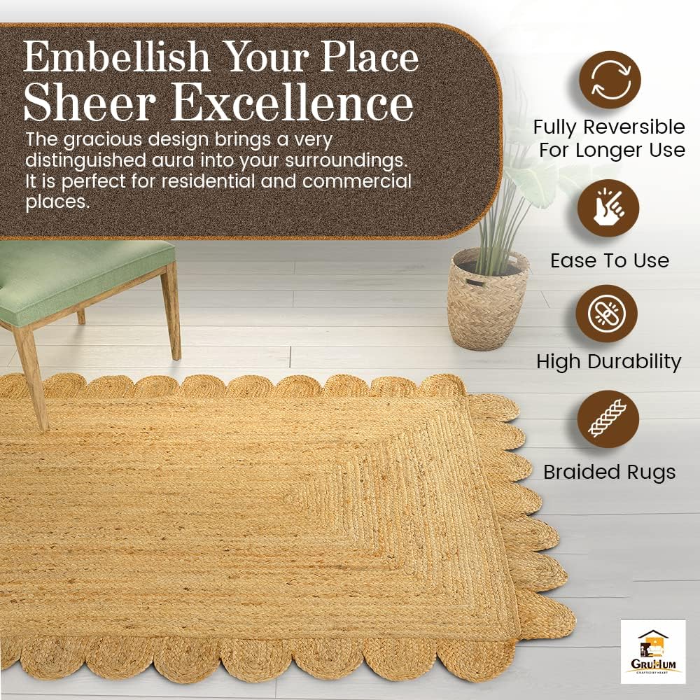 GRUHUM Scalloped Jute Area Rugs 8x10ft Rectangular Natural Fiber Handwoven Soft Braided Rustic Vintage EcoFriendly Rug- Farmhouse Indoor EcoFriendly Livingroom Bedroom Kitchen Hallways 8x10 Rectangle