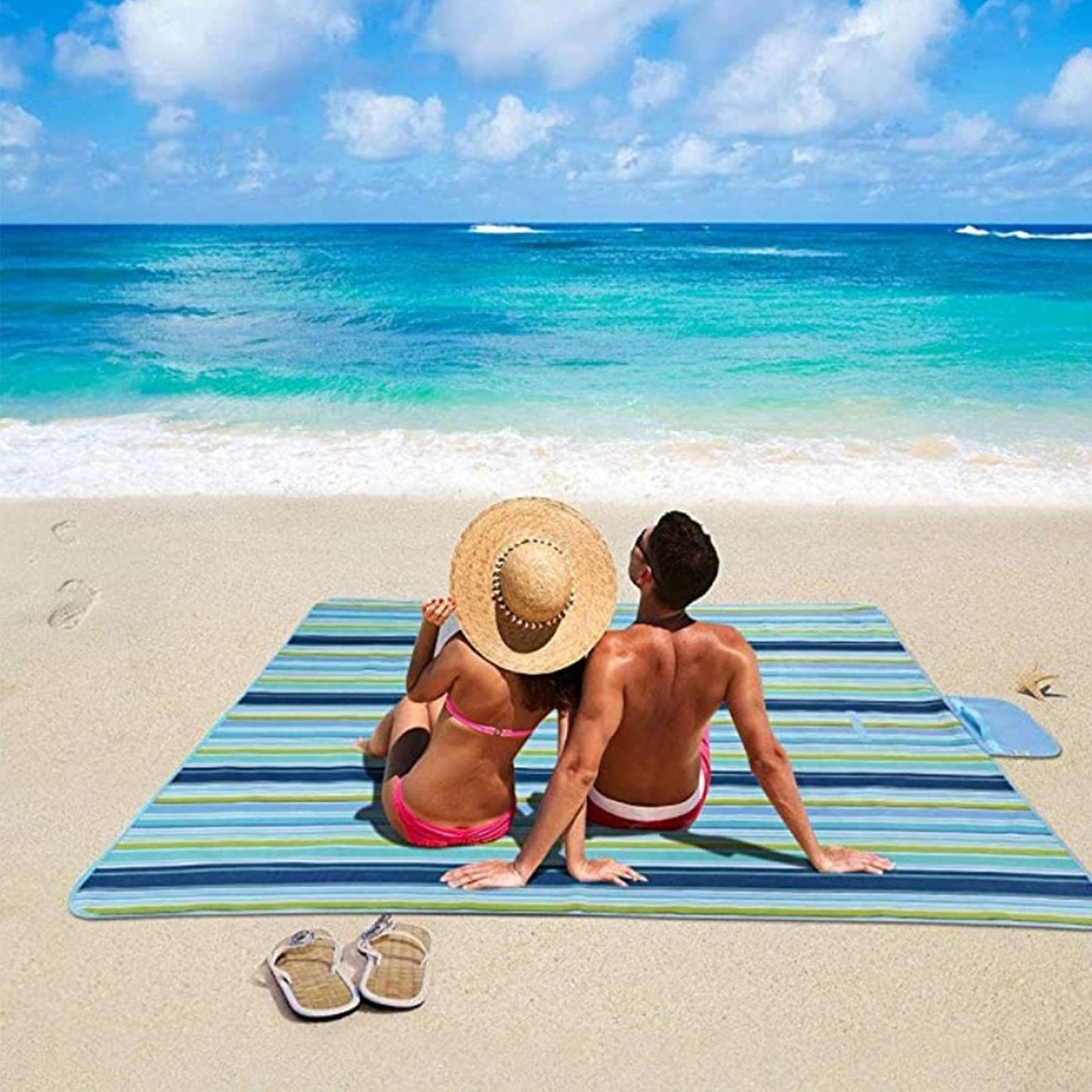 K Y KANGYUN Beach Blanket Outdoor Picnic Blankets Mat 80"x60" Extra Large Waterproof Sand Proof Camping Blanket Lightweight Folding Portable Travel Blanket for Family Park Beach Grass (Blue Line)