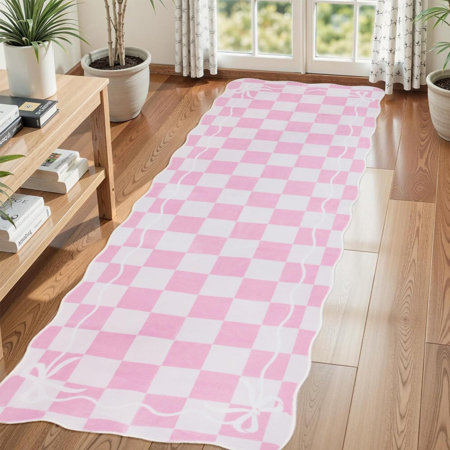 Albodanl Pink Checkered Bow Kitchen Runner Rug, 2x6 Washable Rug Runners for Hallways Non-Slip, Cute Scalloped Ultra-Thin Soft Carpet for Bedroom Bathroom Laundry Nursery Entryway