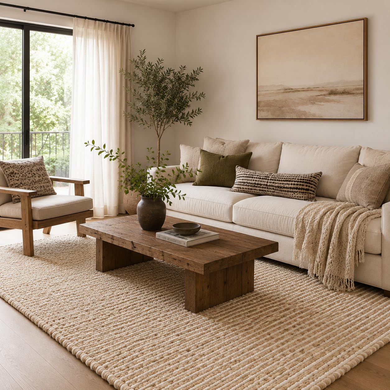 FRELISH DECOR Area Rug 5x8 feet - Premium Wool and Jute Blend Handwoven Rugs - Natural Fiber Chunky Stripe Rugs for Living Room, Bedroom, Hallways, Dining Area: Natural Ivory