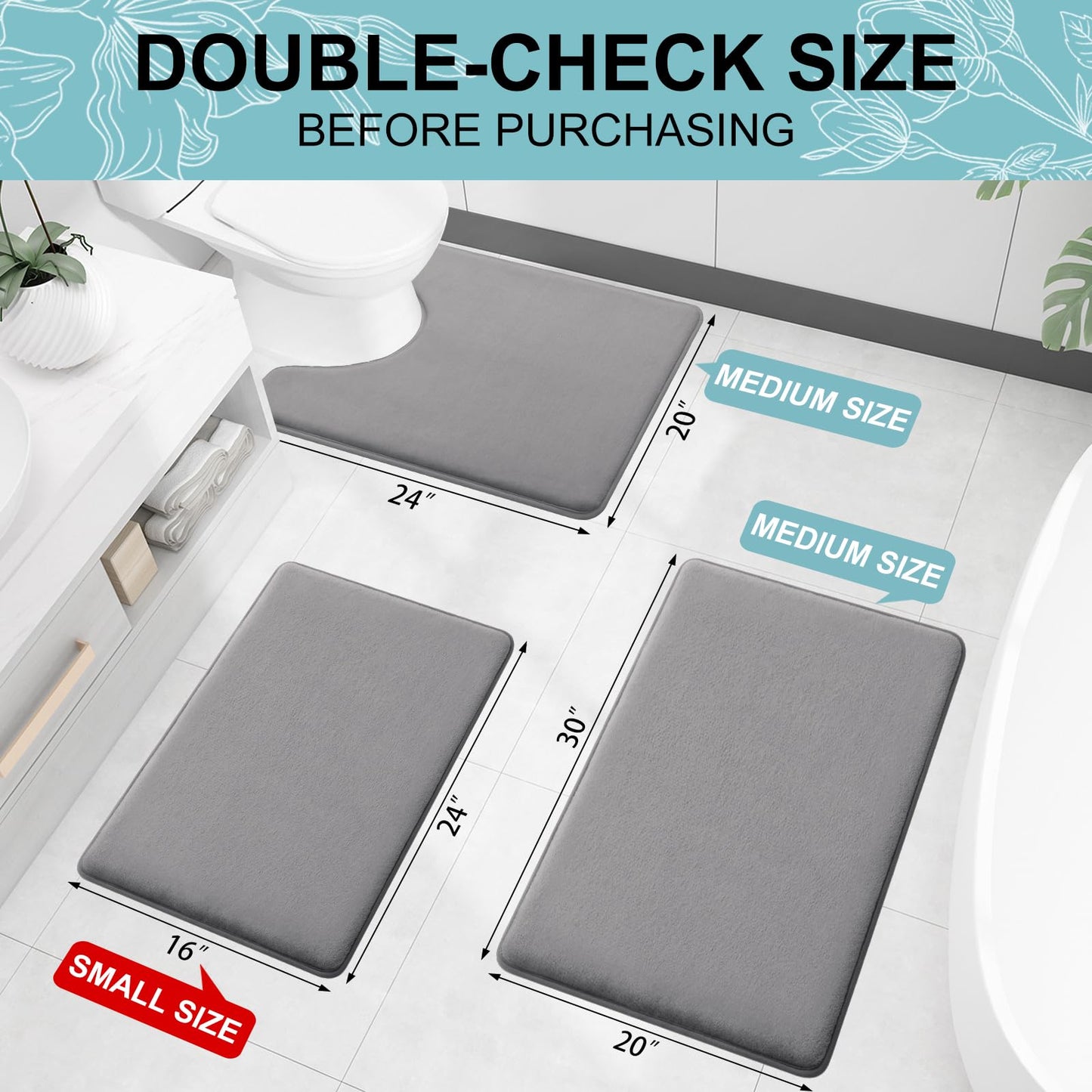Smiry Memory Foam Bath Mat 24x16, Extra Soft and Absorbent Bathroom Mats, Non Slip Washable Carpet for Floor, Shower and Tub, Grey