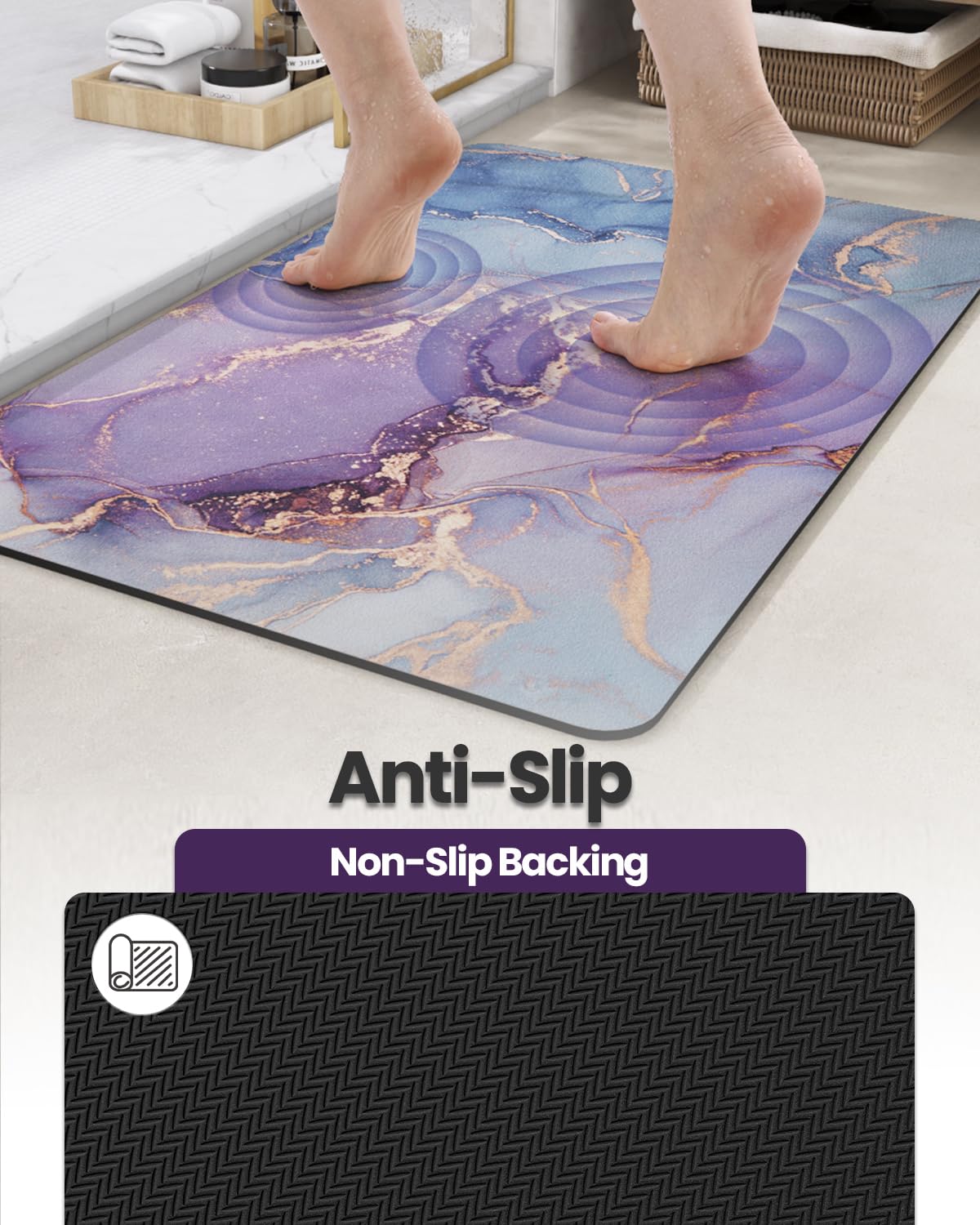 DEXI Bathroom Mat Ultra Thin, Non Slip Bath Rug for Shower Floor, Absorbent Quick Dry Marble Bathmats Low Profile, 24x16, Blue and Purple
