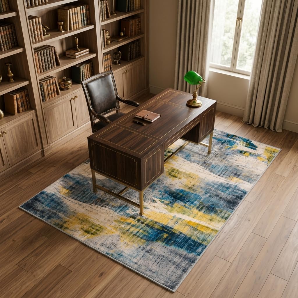 Xinlezx 5x7 Area Rug for Living Room, Washable Non Slip Abstract Area Rug, Blue Gray Modern Carpet with Yellow Accents, Soft Faux Cashmere Foldable Rug for Bedroom Dining Room Home Office