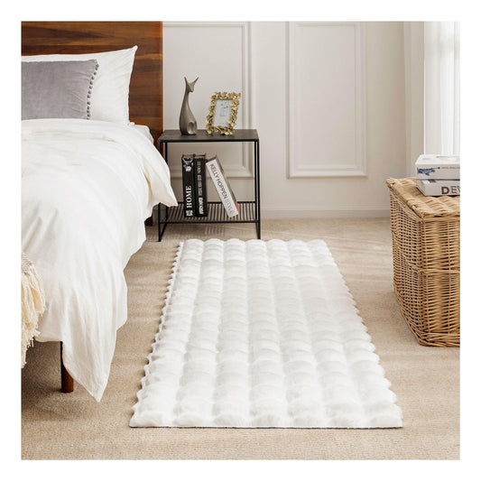 Ashler Faux Rabbit Fur Rug, White 2x6 FT Fluffy Soft Runner Area Rugs, Rectangle Fuzzy Carpet for Living Room, Bedroom, Machine Washable - 3D Bubble Mat