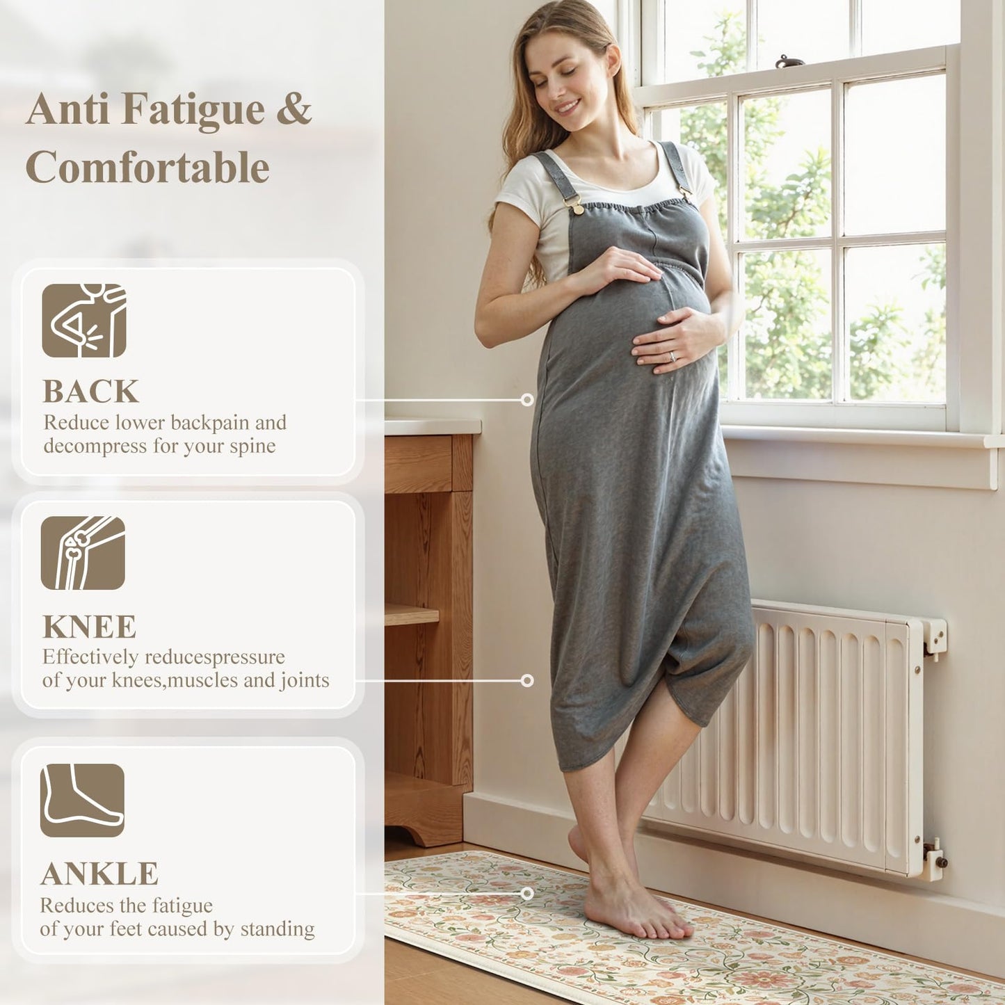 KIMODE Anti Fatigue Mats for Kitchen Floor Non Slip,Farmhouse Boho Floral Standing Kitchen Rugs Sets of 2,Comfort Cushioned Padded Ergonomic Carpet for Laundry Sink Office,Beige