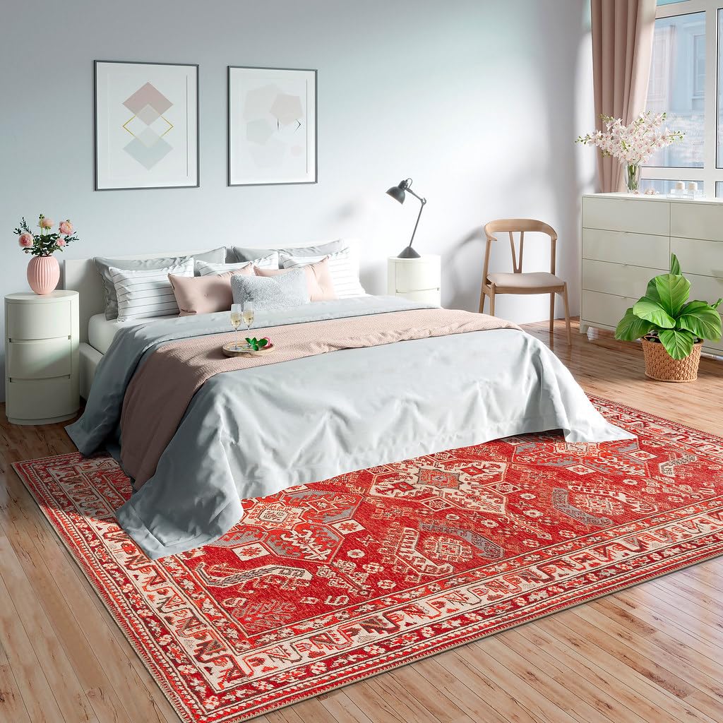 GLN Rugs Vintage - Knossos - Machine Washable Area Rug, Oriental Washable, Non Slip, Low Pile Chenille Area Rug, Living Room, Bedroom, Kitchen Rug - Easy Clean (5'x7' Red and Beige)