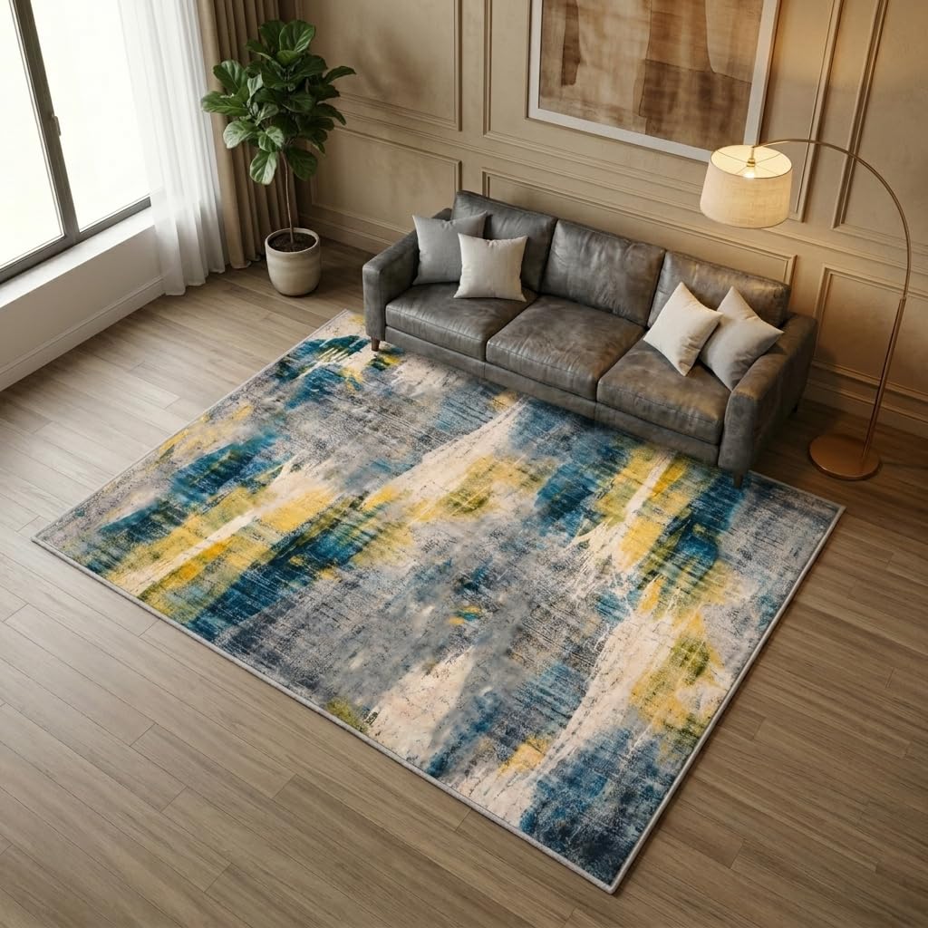 Xinlezx 5x7 Area Rug for Living Room, Washable Non Slip Abstract Area Rug, Blue Gray Modern Carpet with Yellow Accents, Soft Faux Cashmere Foldable Rug for Bedroom Dining Room Home Office