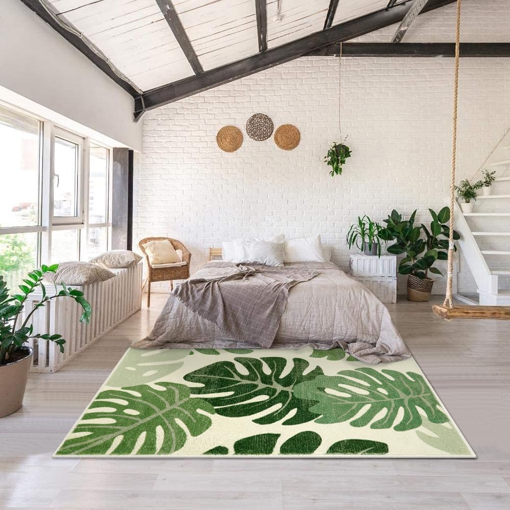 Lukinbox Leaf Indoor Outdoor Area Rugs for Patio, 5x7 Green Washable Living Room Rug Tropical Monstera Plant Non-Slip Bedroom Rugs, Large Accent Area Carpets for Dinning Room Porch