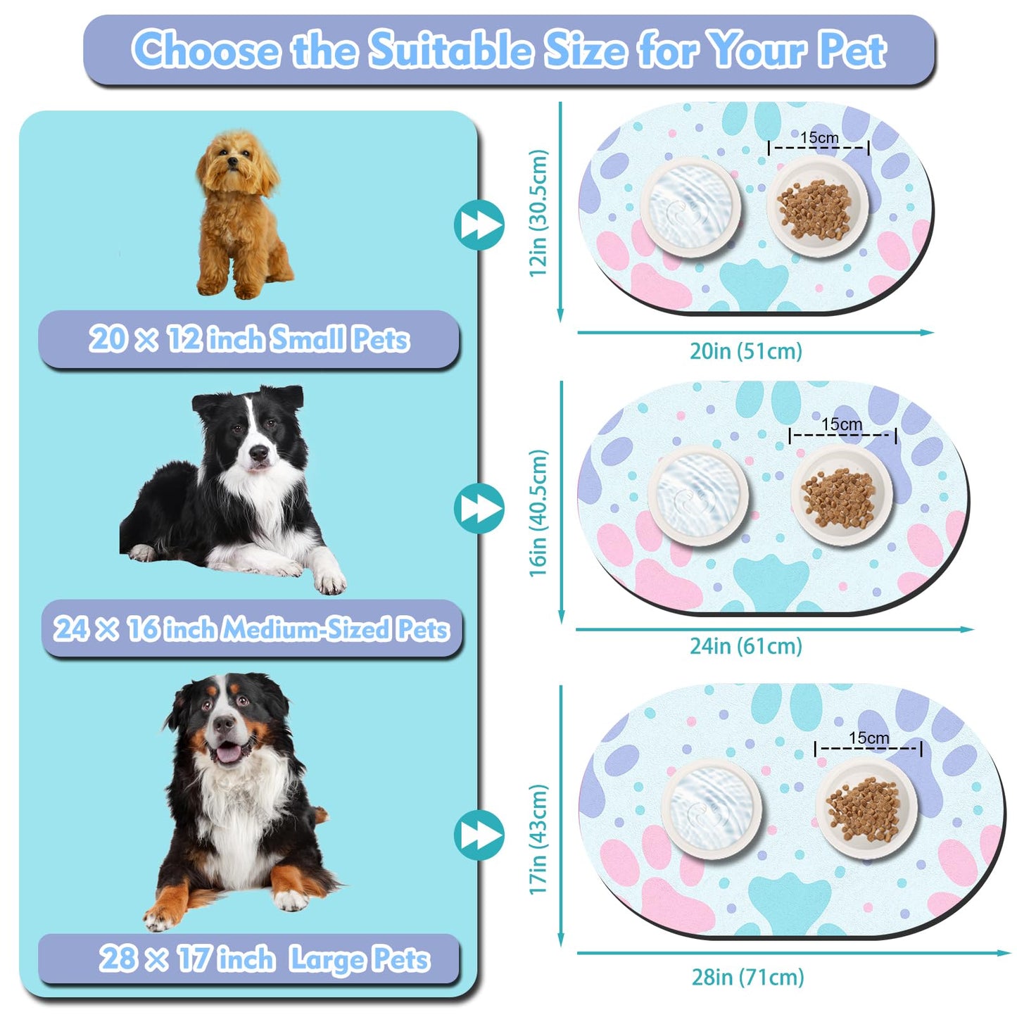 Dog Feeding Mat 24''x16'', Absorbent Pet Food Mat, No Stains Quick Dry Pet Water Mat Protect Floor, Cat Dog Water Bowl Mat for Messy Drinkers, Non-Slip Rubber Base Pet Placemats for Food and Water
