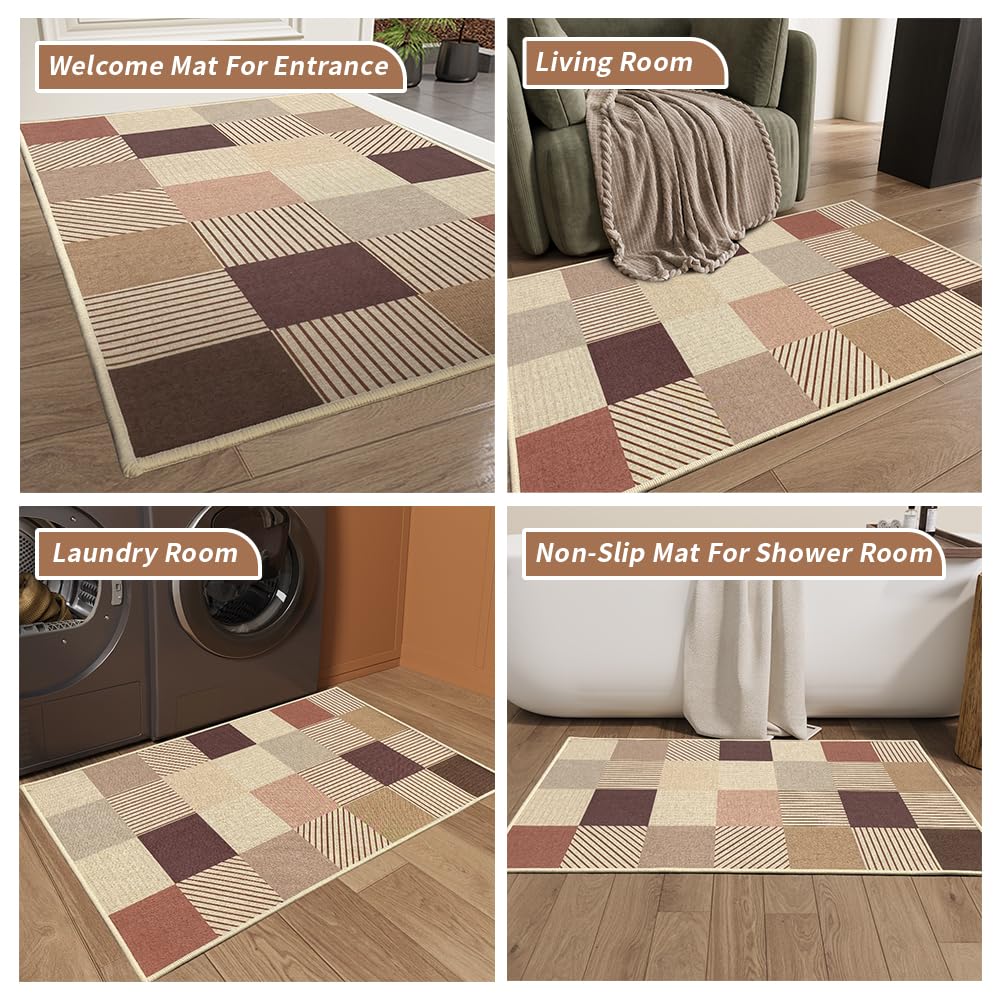 QQL 17"x30" Ultra Thin Front Door Mat, Non-Slip Rubber Backing, Dirt Trapper Doormat, Easy Clean Entryway Rug, Square Grid, RV Tent Entrance Mat