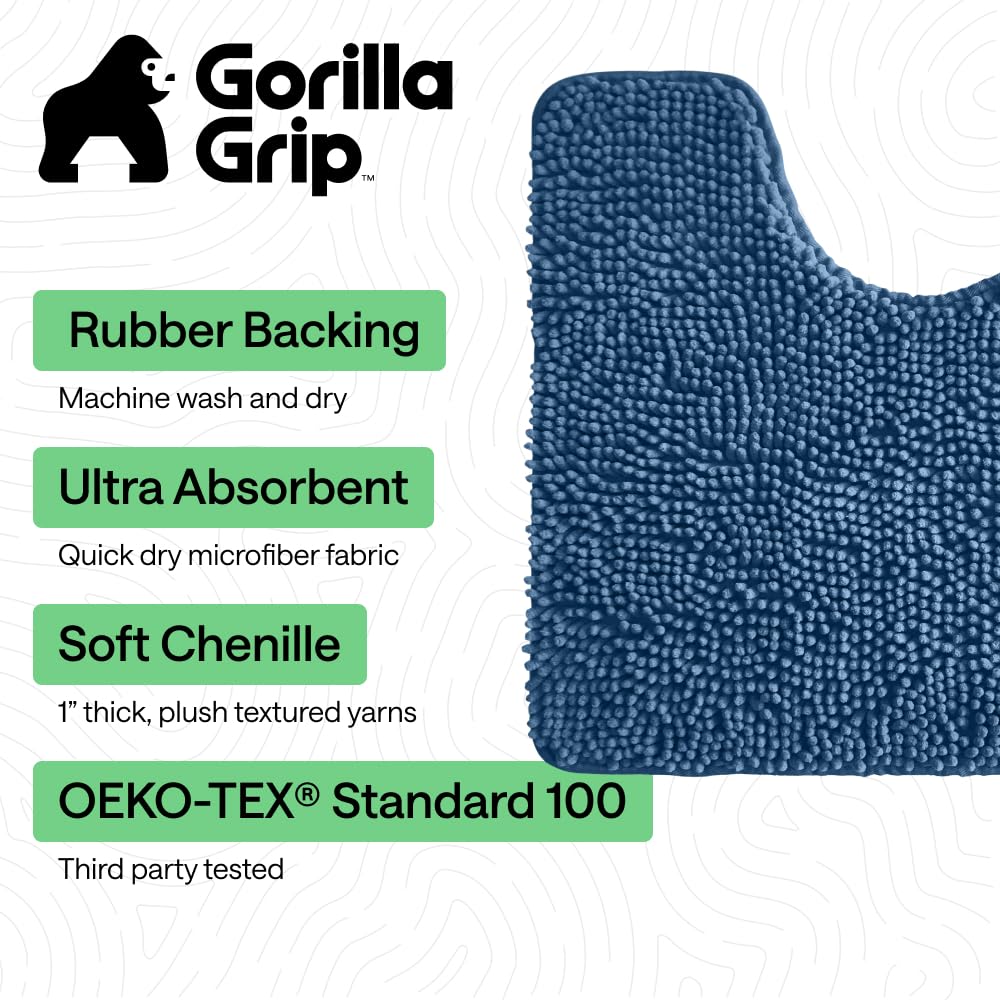GORILLA GRIP Bathroom Rug Sets 3 Piece, Bath Mat Set and Oval Toilet Base with Rubber Backing, Plush Absorbent Shaggy Chenille Washable Mats, Includes 24x19.5, 24x17 and 30x20 Inch Rugs, Navy