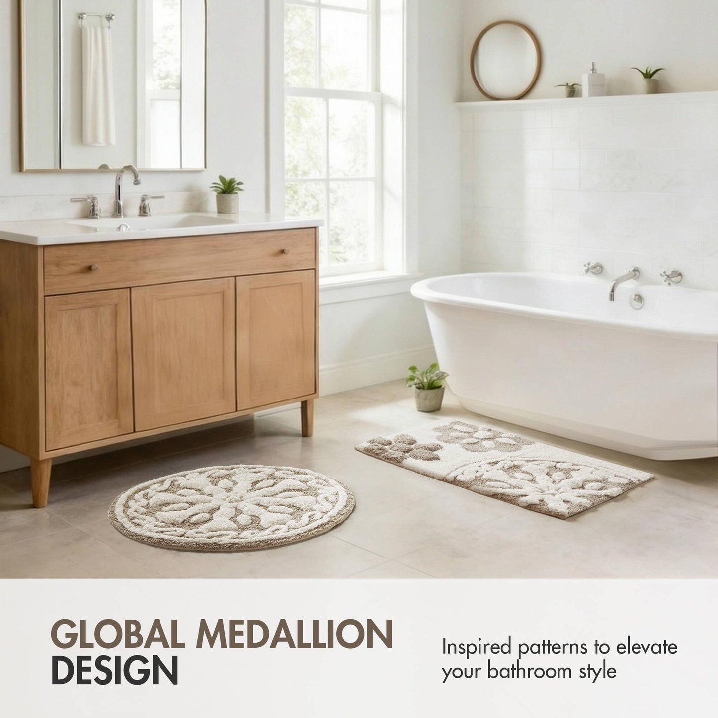 Madison Park Casablanca 100% Cotton Tufted Bathroom Rugs Luxurious Plush Medallion Floral Pattern Bath Mat Absorbent, Quick Dry, Spa Design Shower Room Décor, Round 25", Taupe