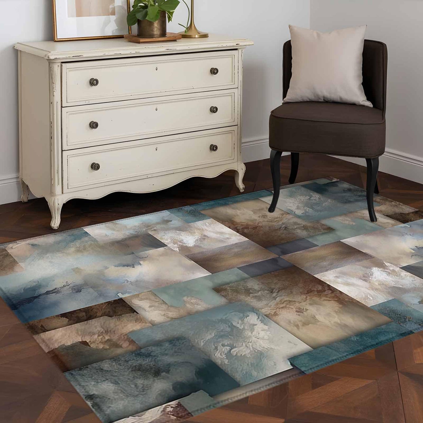 Area Rug 4'x6', Blue Brown Geometric Non-Slip Runner Rug Carpet for Bedside, Modern Ombre Abstract Art Washable Outdoor Indoor Area Rugs Mat for Entryway/Living Room/Bedroom/Kitchen/Office