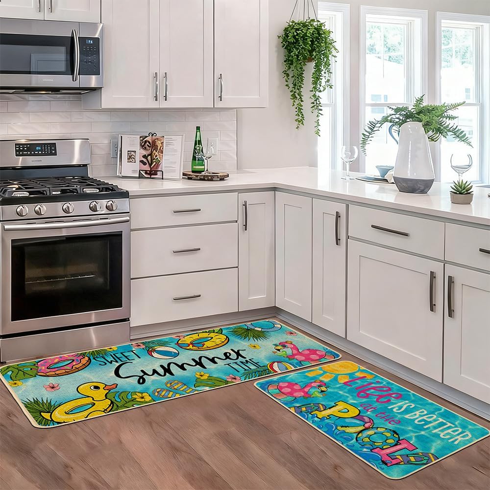 Baccessor Summer Pool Kitchen Rugs Set of 2, Poolside Tropical Flamingo Kitchen Mats Non-Slip Low Profile Seasonal for Floor Hallway Laundry Sink Patio Porch Home Decor 17x29 and 17x47 Inch