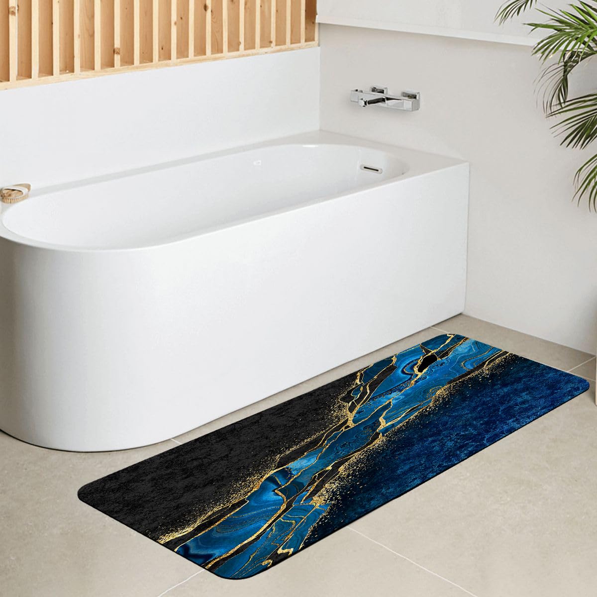 Azppsad Extra Long Bath Rug, Blue and Gold Marble Decoration Non-Slip Bathroom Running Rug with Rubber Backing, Thin Absorbent Quick-Drying Bath Mat for Tub Bathroom Kitchen, 15.7 x 47.2 inches
